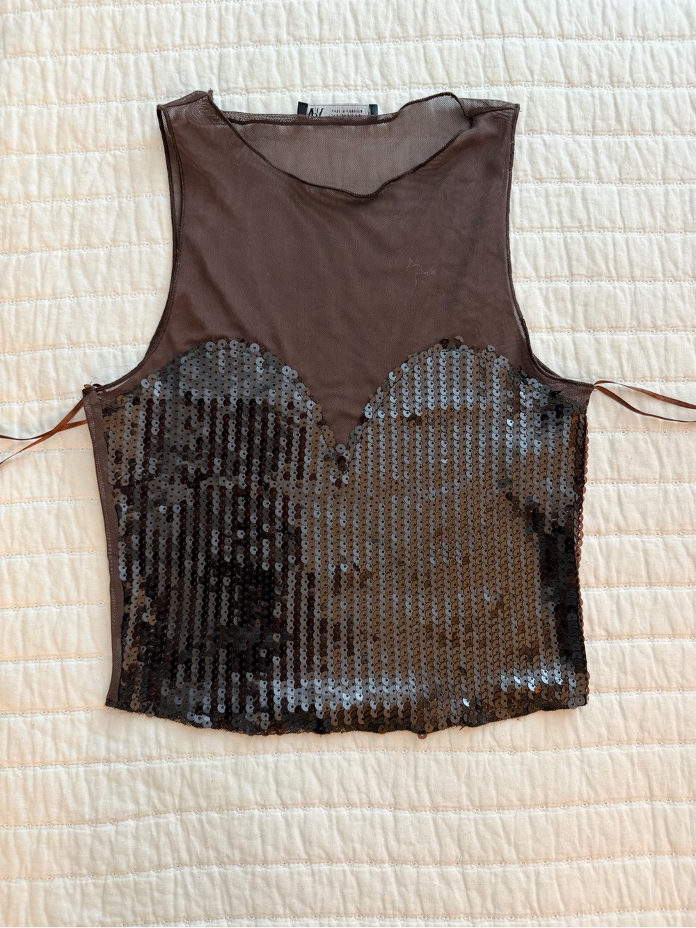Zara Sheer Mesh Sequin Bustier Crop Top - Brown